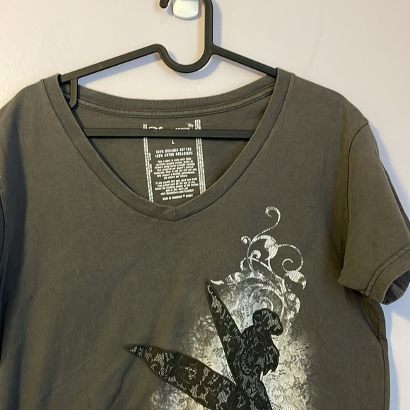 Disney Store Gray Lace Look Embroidered Tinkerbell V-neck size L Organic Cotton - Picture 2 of 12